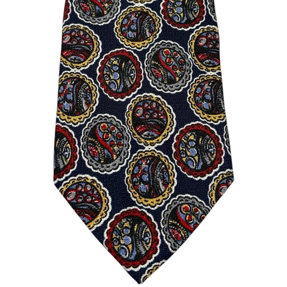 Massimo Livio Mens 4" Necktie Navy Blue Red Gold Silk Medallion Made in Italy